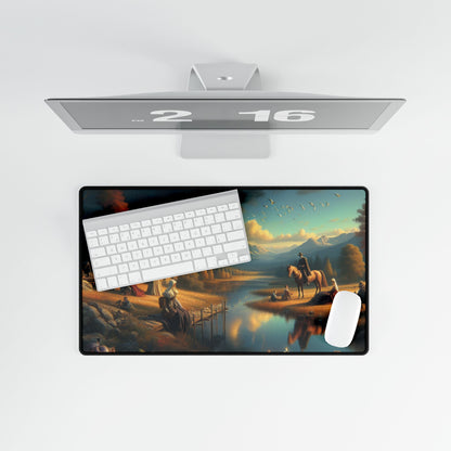 Lunaria Spectroscape Edvard Munch-Inspired Desk Mat elegantly displayed with a keyboard and mouse, showcasing artistic symbolism design in a sophisticated workspace.