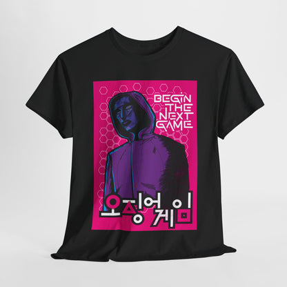 Luxury black Squid Game unisex t-shirt featuring an eye-catching graphic design with the text "Begin The Next Game" in vibrant pink and blue tones, perfect for urban fashion enthusiasts.
