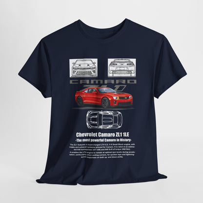 Elegantly styled Chevrolet Camaro ZL1 1LE Men's T-Shirt displayed on a minimalist backdrop, highlighting the sophisticated design and typography, catering to car aficionados.