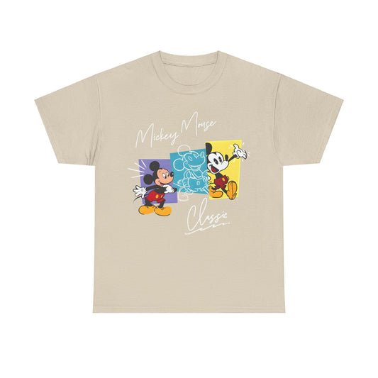 Stylish Unisex Mickey Mouse Graphic Tee in beige showcasing a vibrant retro Disney design with classic Mickey Mouse graphics, ideal for any event.