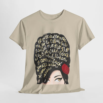 Amy Rehab Lyrics Graphic Tee showcasing a contemporary design featuring a stylised illustration of a woman's face with flowing hair, adorned with iconic song lyrics. Luxurious unisex cotton t-shirt blending edgy aesthetics with comfort.