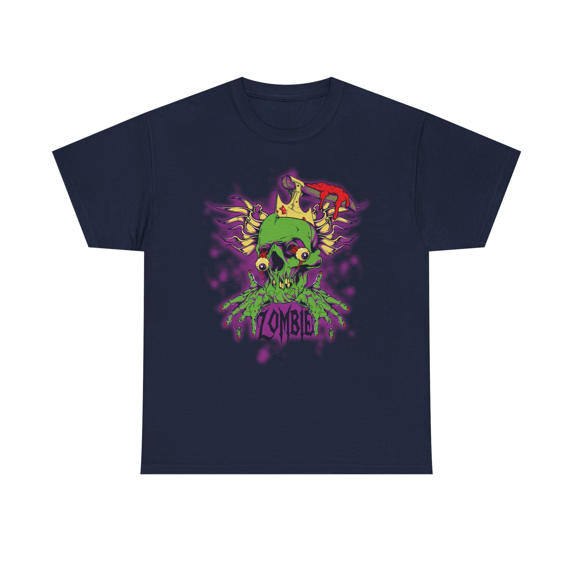 Refined navy men's t-shirt featuring a cartoonish zombie skull with a green crown and vibrant drips, offering a striking yet stylish look for the discerning wearer.