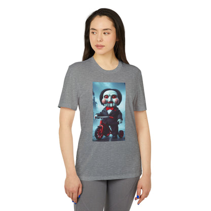 Model displaying the Adidas Unisex Halloween Jigsaw Cute T-shirt in grey, featuring a captivating design of the Jigsaw character, ideal for fashionable Halloween gatherings.