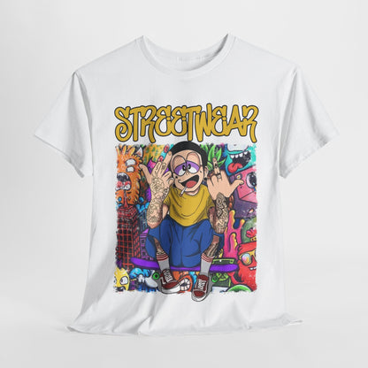 Stylish white t-shirt featuring a vibrant cartoon graphic titled "STREETWEAR", showcasing a character with tattoos and a cheerful expression against a colourful urban backdrop.
