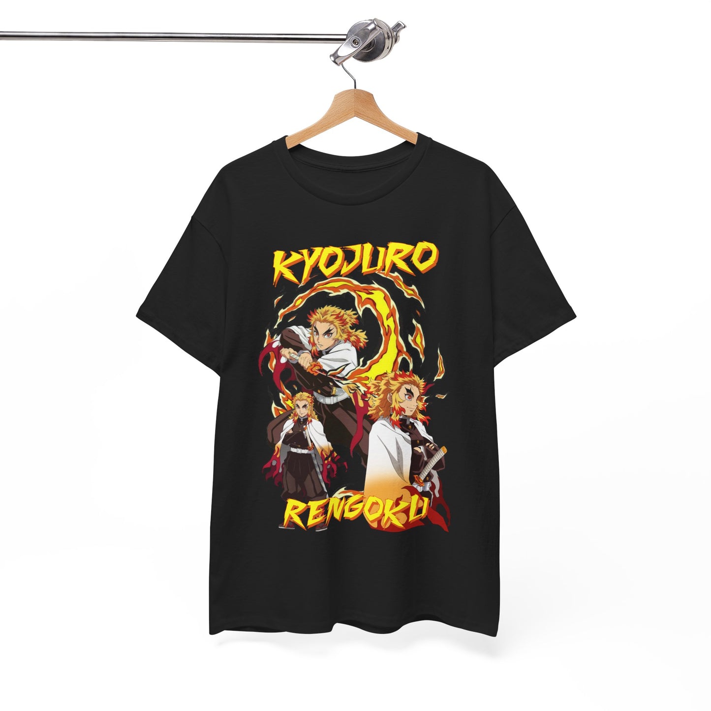 Sophisticated black t-shirt hung on a wooden hanger, displaying a detailed illustration of Kyojuro Rengoku surrounded by flames, merging comfort and elegance for anime fans.