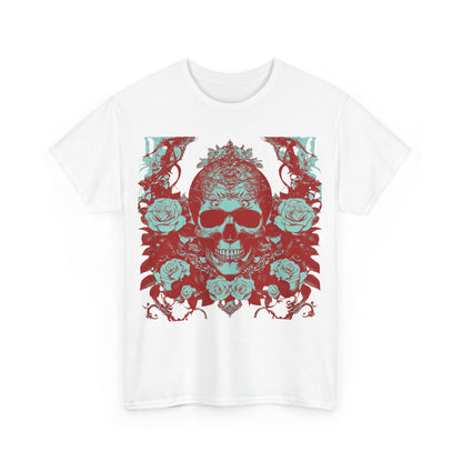 Styled display of the Skulls and Roses Cotton Tee with a striking skull and rose graphic, ideal for casual wear or making a fashion statement.
