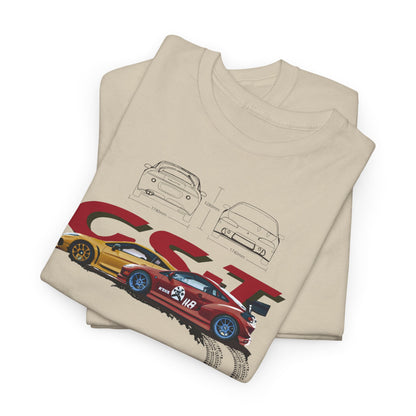 Premium Mitsubishi Eclipse GST men's t-shirt showcasing bold graphic design with detailed car illustrations and vibrant colour accents, ideal for automotive enthusiasts.