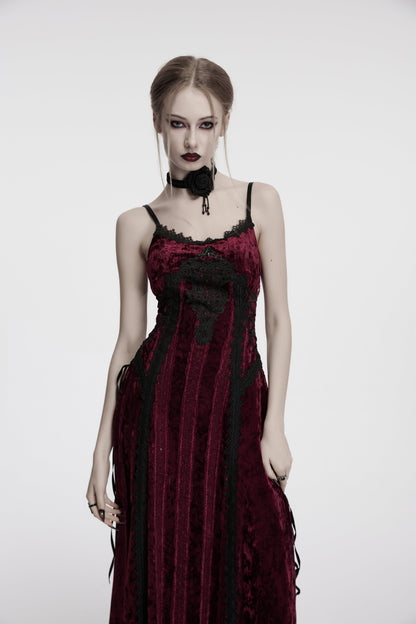 Model wearing the Punk Rave Vivienne Velvet Lace Panel Goth Slip Dress in Burgundy, styled for a romantic goth evening.