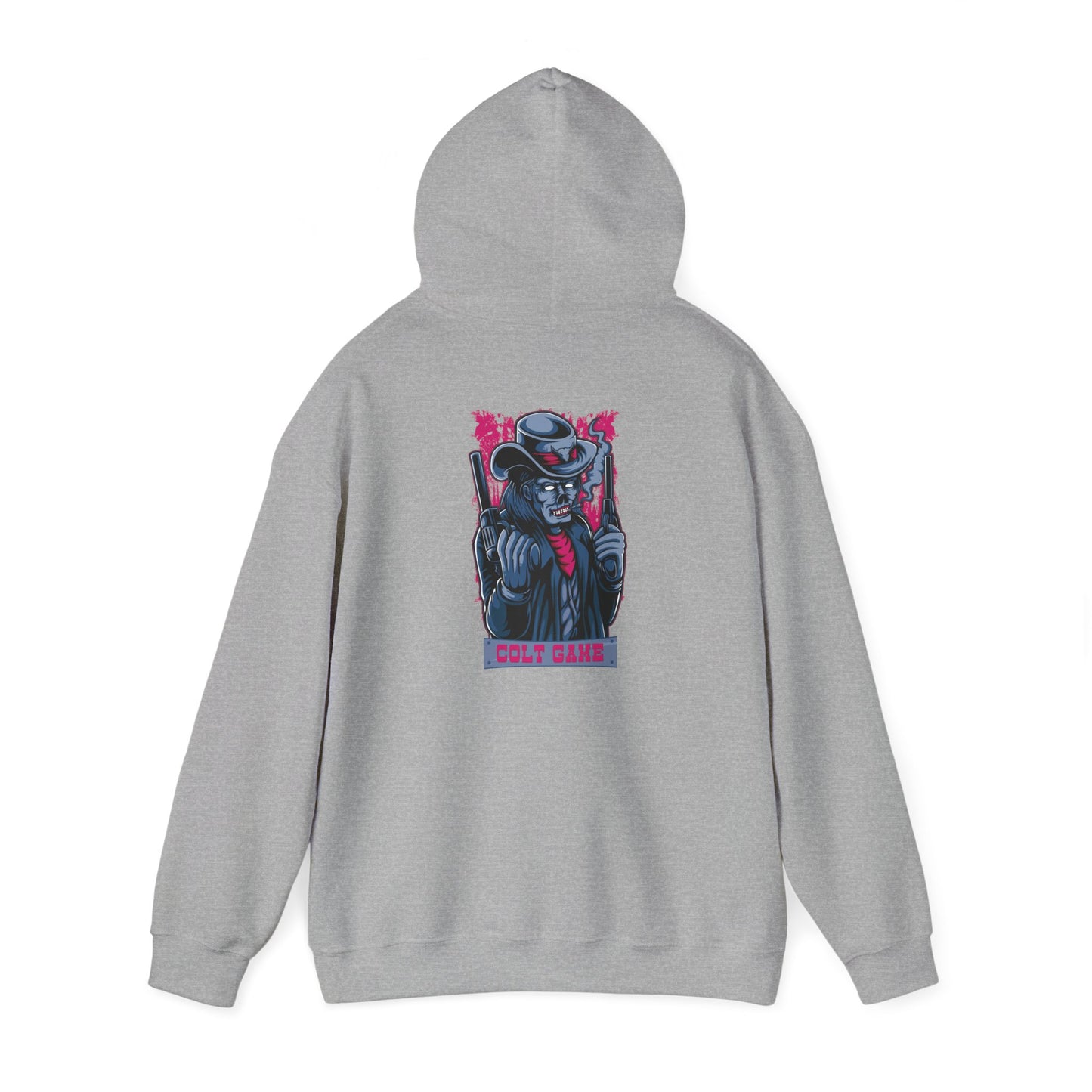 Elegant rear perspective of a grey hoodie embellished with an eye-catching illustration of a charismatic character in a cowboy hat, exuding a luxurious outlaw charm.