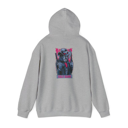 Elegant rear perspective of a grey hoodie embellished with an eye-catching illustration of a charismatic character in a cowboy hat, exuding a luxurious outlaw charm.