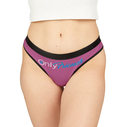 Model showcasing 'Only Friends' thong panties, emphasising a stylish and comfortable fit, blending fun with luxury in intimate apparel.