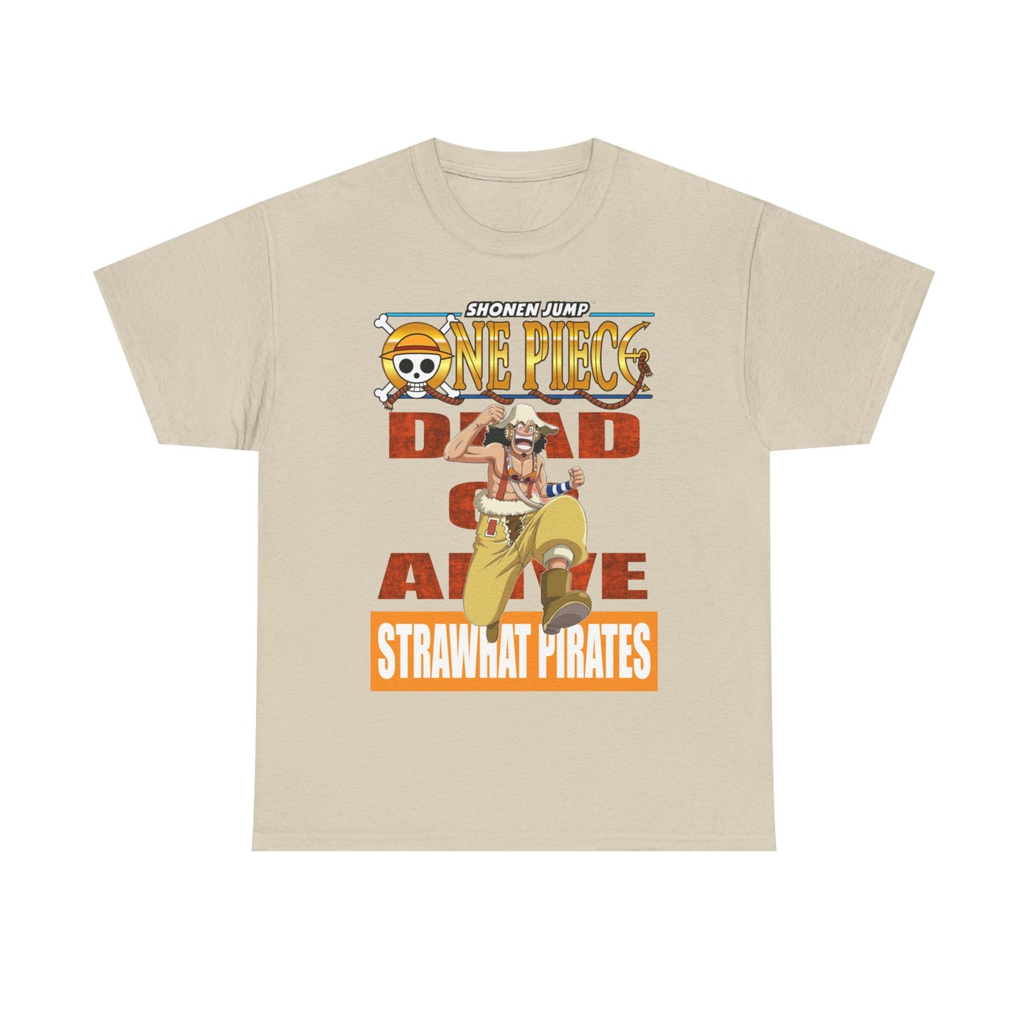 Elegant One Piece anime T-shirt in a sophisticated beige tone, showcasing a charismatic pirate character with attention-grabbing details, perfect for style-savvy fans.