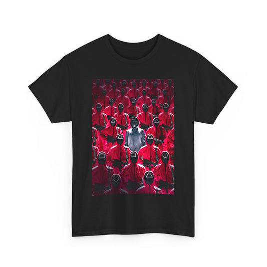 Sophisticated Squid Game unisex men's women's graphic cotton funny T-shirt showcasing a captivating illustration of the enigmatic figure among red-clad participants, ideal for those who dare to be different in style.