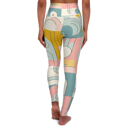 Back view of a model in Abstract Pastel Leggings showcasing a modern geometric design in elegant pastel colours, embodying a chic and fashionable look.