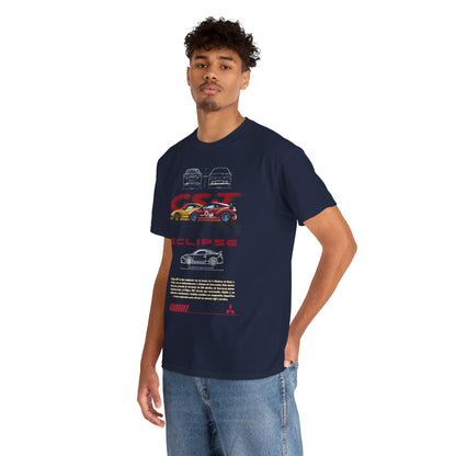 Men's luxurious navy blue Mitsubishi Eclipse GST graphic t-shirt showcasing vibrant car illustrations and bold CST lettering, embodying automotive passion and style.