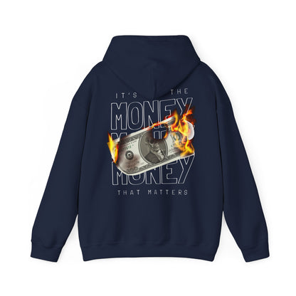 Refined navy hoodie featuring a bold back design with a flaming dollar bill and the statement "IT'S NOT THE MONEY, IT'S THE MONEY THAT MATTERS," perfect for those who appreciate edgy luxury.