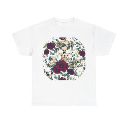 Skulls and Roses Cotton Tee featuring an elegant steampunk design with skulls and roses, perfect for alternative fashion lovers.