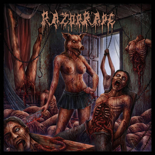 Officially licensed RazorRape Fucked Beyond Recognition CD by Rancid Offal Records, showcasing the goregrind genre from Sweden, featuring extreme tracklist with titles like ‘Circle of Sodomy’ and ‘Ruptured Eye Globe Vivisection’.