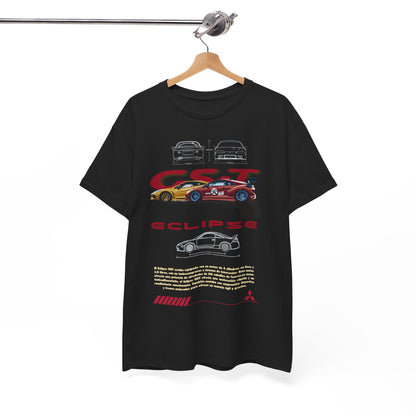Chic black T-shirt with a stylish depiction of Mitsubishi Eclipse GST cars, featuring vibrant colours and technical outlines, reflecting automotive sophistication.