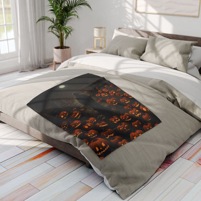 Luxurious Decorative and Warm Halloween Spooky Arctic Fleece Blanket elegantly placed on a bed, accentuating a captivating pumpkin design for festive comfort.