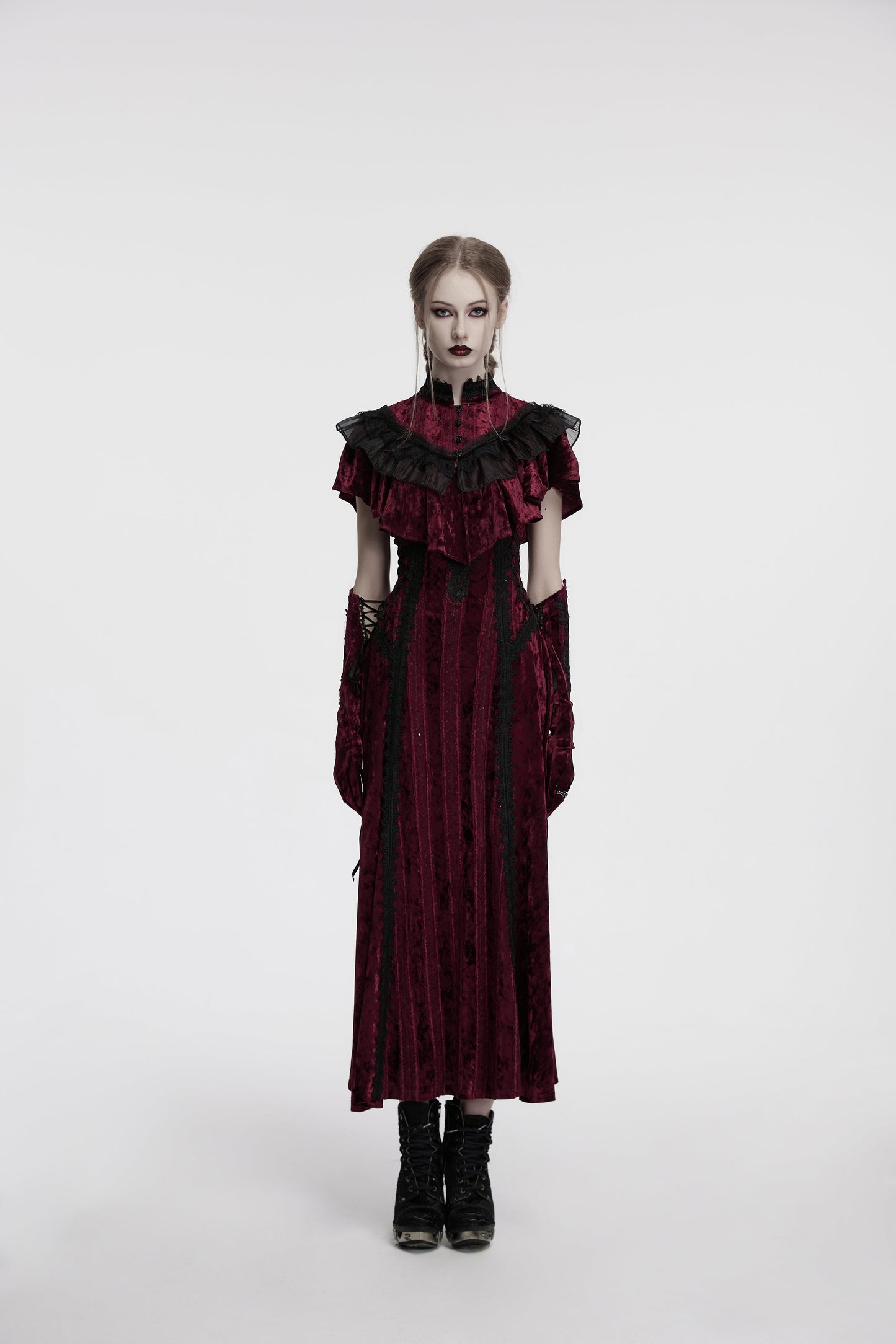 Luxury Punk Rave Elysia crimson velvet ruffle goth shawl featuring intricate lace collar and ornate rose buckle details, designed for an elegant and dramatic gothic aesthetic.