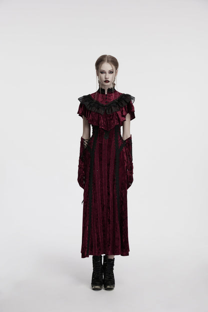 Luxury Punk Rave Elysia crimson velvet ruffle goth shawl featuring intricate lace collar and ornate rose buckle details, designed for an elegant and dramatic gothic aesthetic.