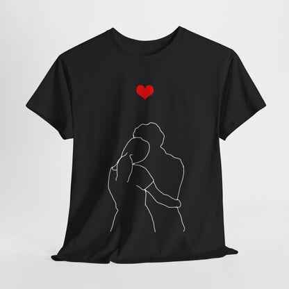 Valentines Day Lovers Gift Mens Womens Graphic T-Shirt Unisex Cotton Love featuring a minimalist line drawing of an embracing couple, elegantly set against a black background with a striking red heart.