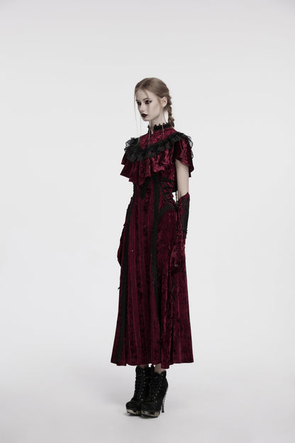 Full view of the Punk Rave Elysia Crimson Velvet Ruffle Shawl worn with a corset, demonstrating its elegant silhouette and perfect fit for bold gothic and steampunk styles.