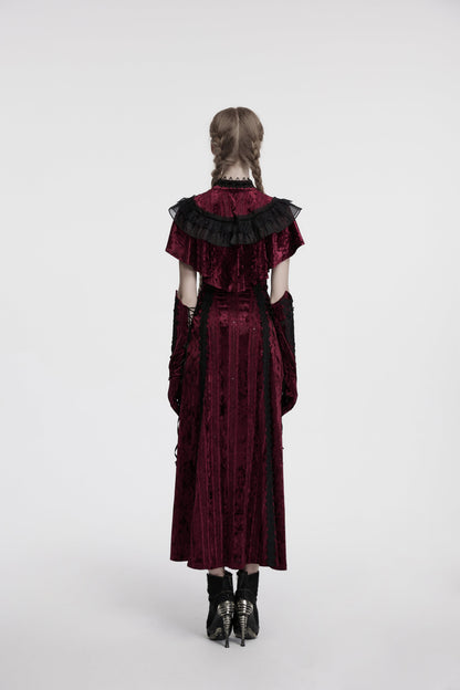 Dramatic layering of the Punk Rave Elysia Velvet Ruffle Goth Shawl over a gothic-inspired outfit, illustrating the shawl's versatility for alternative fashion ensembles.