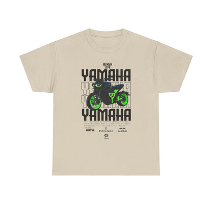 Elegant beige Men's T-Shirt displaying a captivating Yamaha motorcycle graphic, accentuated with green details, ideal for stylish bikers.