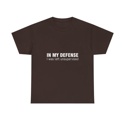 Elegant brown unisex cotton graphic t-shirt with the statement 'In My Defence I Was Left Unsupervised' for a stylish urban appeal.