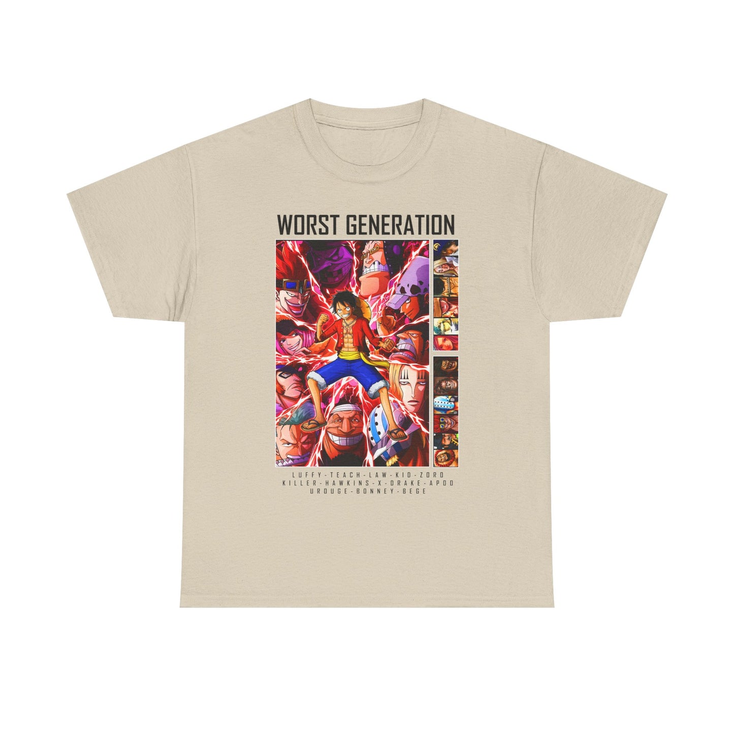 Sophisticated beige men's T-shirt adorned with a bold 'Worst Generation' anime graphic, showcasing Monkey D. Luffy and other iconic characters in a vibrant design.