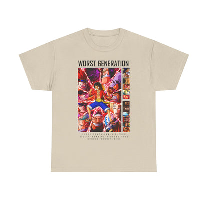 Sophisticated beige men's T-shirt adorned with a bold 'Worst Generation' anime graphic, showcasing Monkey D. Luffy and other iconic characters in a vibrant design.