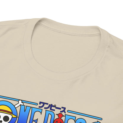 Close-up view of the luxurious neckline of a premium men's t-shirt featuring bold graphics from the anime One Piece.