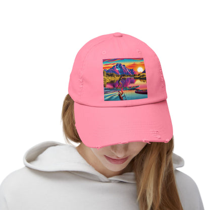 Unisex Distressed Paddleboarders Cap worn by a model, featuring a vibrant paddleboarding theme, combining luxury style with practical sun protection for adventure seekers.