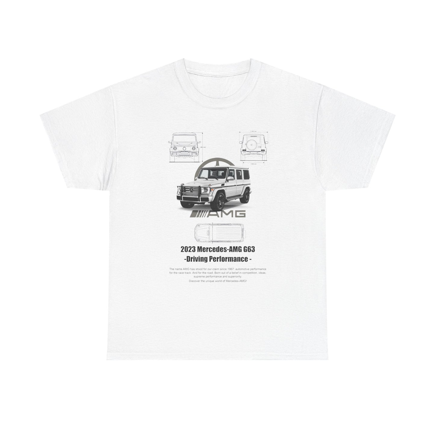Luxurious white men's t-shirt featuring the 2023 Mercedes-AMG G63 design, showcasing detailed illustrations and performance branding.