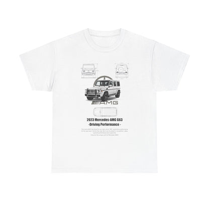 Luxurious white men's t-shirt featuring the 2023 Mercedes-AMG G63 design, showcasing detailed illustrations and performance branding.