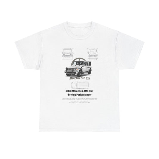 Luxurious white men's t-shirt featuring the 2023 Mercedes-AMG G63 design, showcasing detailed illustrations and performance branding.