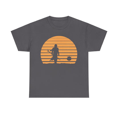 Mandalorian Sunset Graphic Unisex T-Shirt in Premium Soft Cotton, showcasing a bold Mandalorian design with a beautiful orange sunset background, ideal for stylish interstellar journeys.