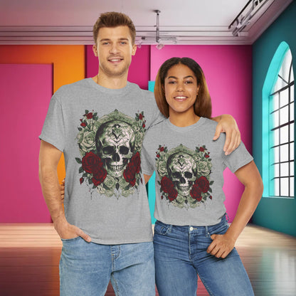 Couple wearing Skulls and Roses Cotton Tee, highlighting unisex design and luxurious graphic, perfect for expressing unique fashion sense in casual settings.