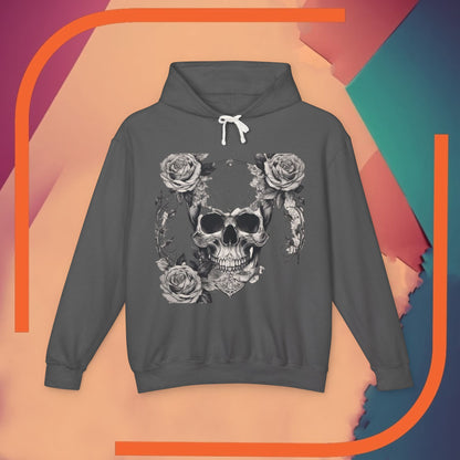 Unisex Lightweight Hooded Sweatshirt featuring a unique designer skull and roses graphic against a vibrant coloured background, perfect for adding an edgy touch to any outfit.
