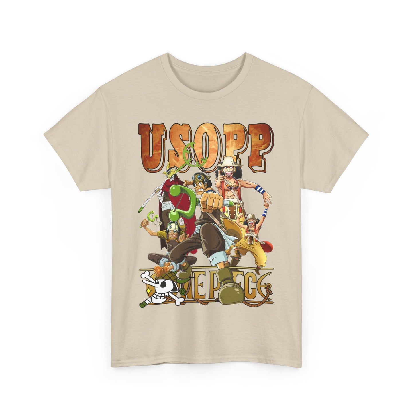 Luxurious beige t-shirt adorned with vibrant graphics featuring Usopp and iconic characters from a beloved anime, radiating adventure and style.