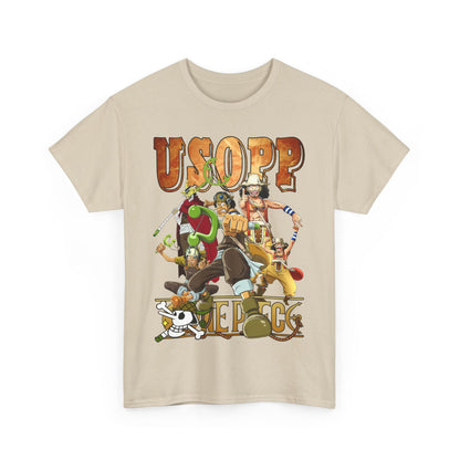 Luxurious beige t-shirt adorned with vibrant graphics featuring Usopp and iconic characters from a beloved anime, radiating adventure and style.