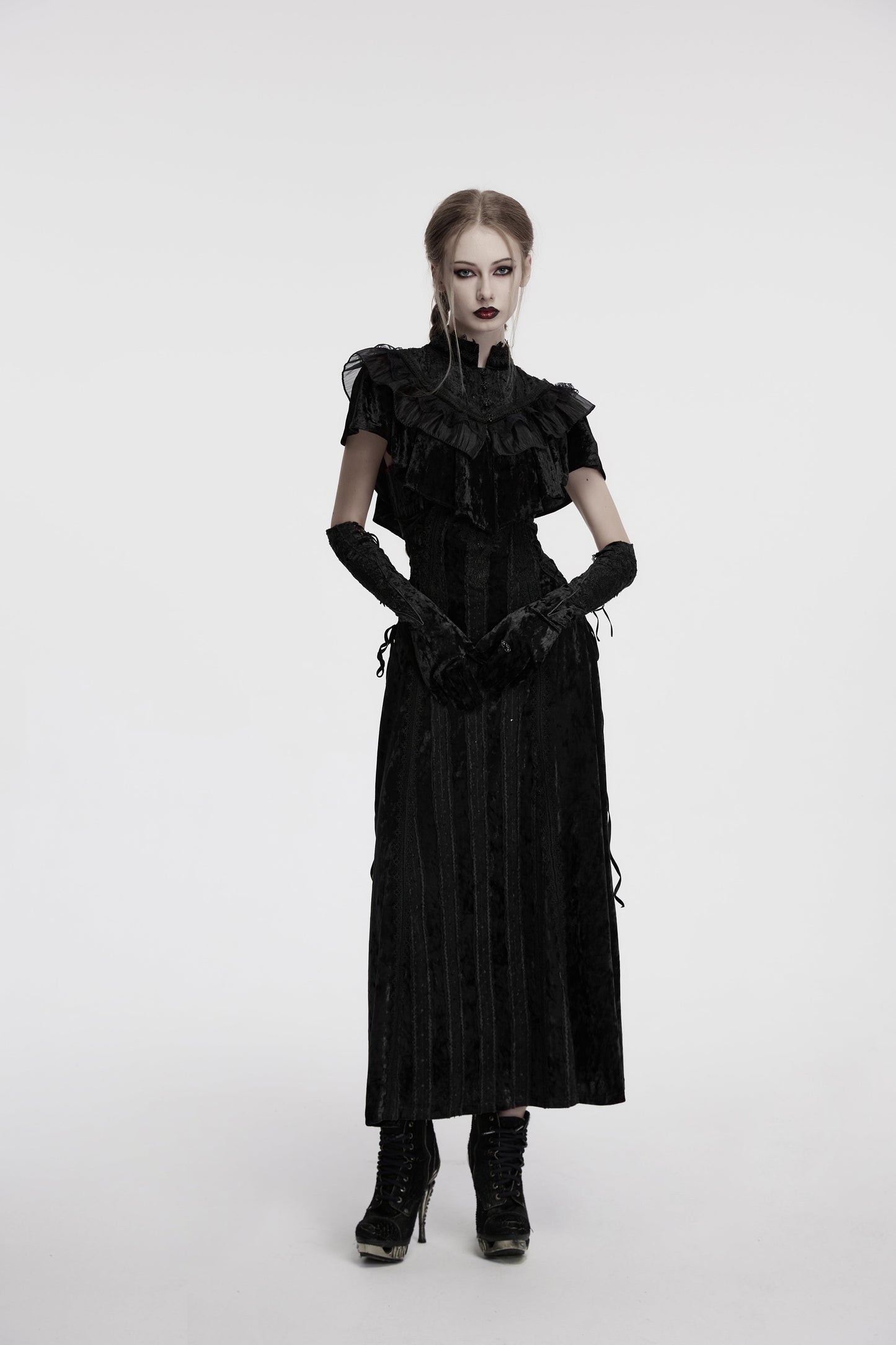 Luxurious black velvet shawl with layered ruffles and lace collar, perfect for gothic elegance.