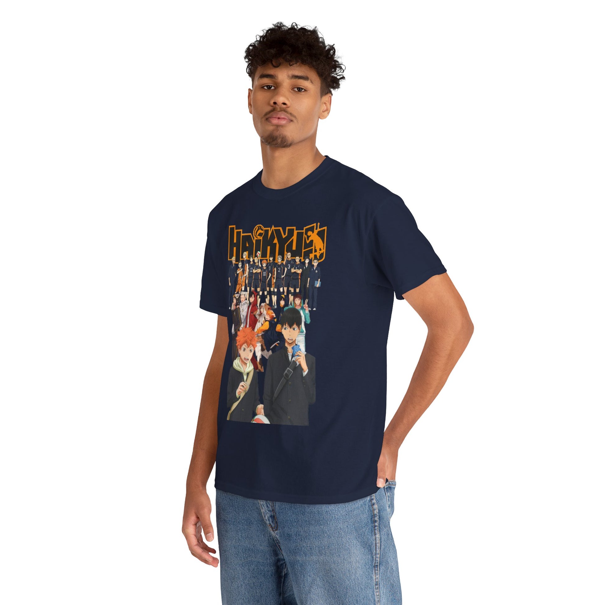 Stylish male model wearing a navy-blue Haikyuu!! graphic tee featuring vibrant anime characters in dynamic poses.
