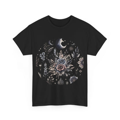 Pure Symphony Floral Graphic Tee featuring intricate floral designs on a black background, perfect for vibrant spring and summer casual wear.