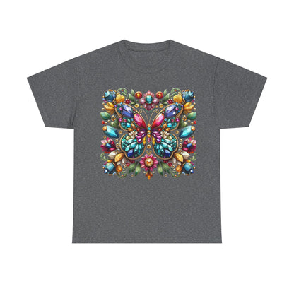 Enchanting Butterfly Brooch Unisex T Shirt displaying an exquisite butterfly illustration with colourful jewels on a dark grey background.