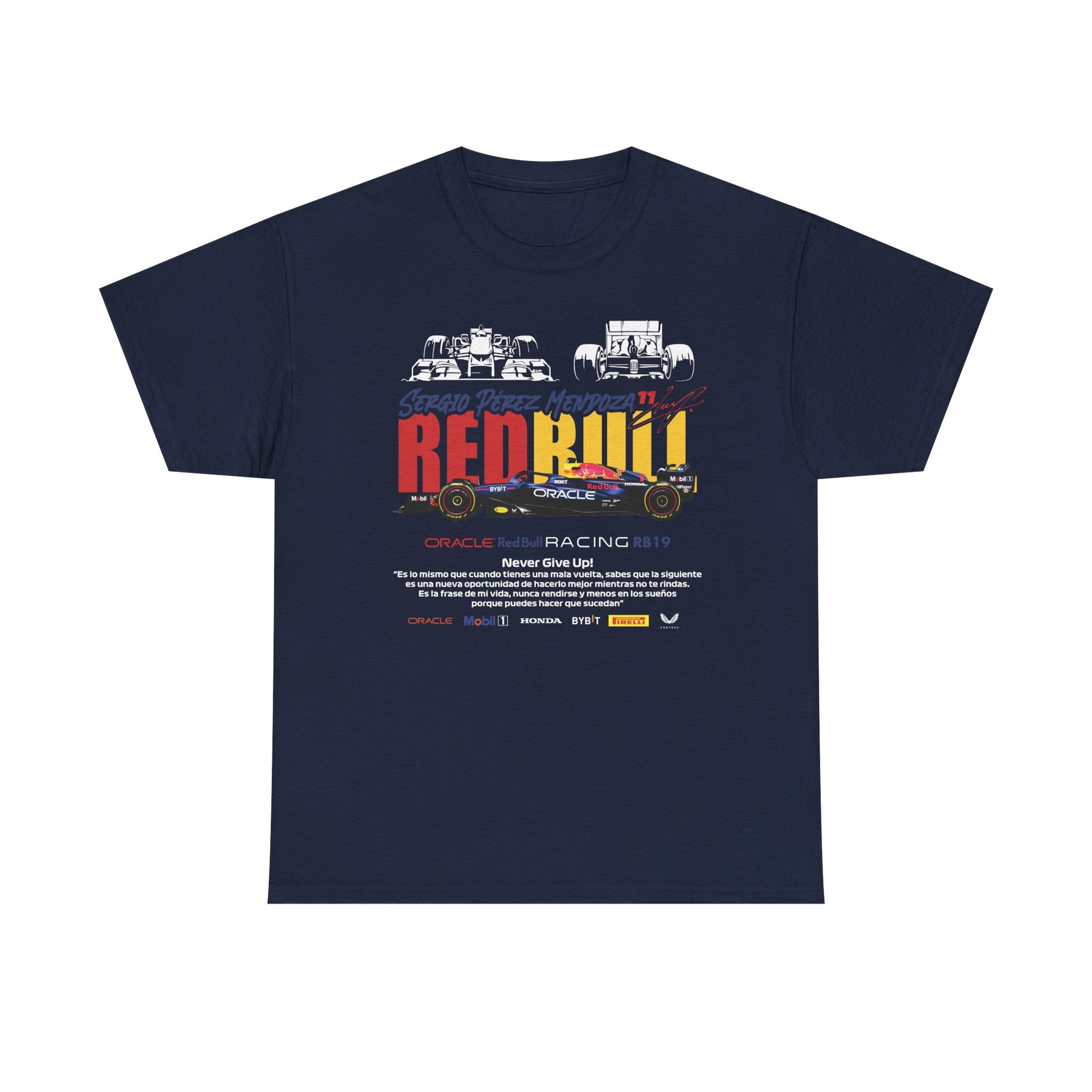 Elegant navy blue men's t-shirt with vibrant Red Bull Racing RB19 artwork, including Sergio Pérez's name and the motivational message 'Never Give Up!' for fans of racing.