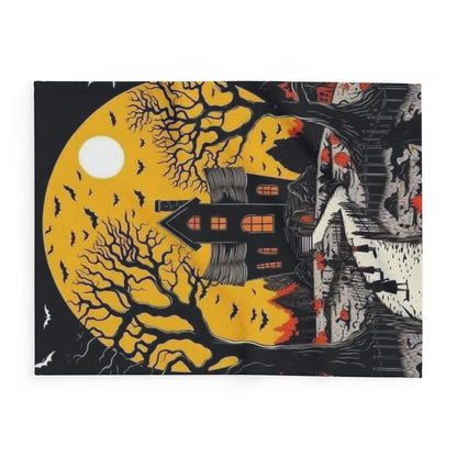 Decorative and Warm Halloween Spooky Arctic Fleece Blanket featuring a hauntingly beautiful design of a black house under a full moon and eerie trees. Perfect for adding an elegant touch to your Halloween decor.