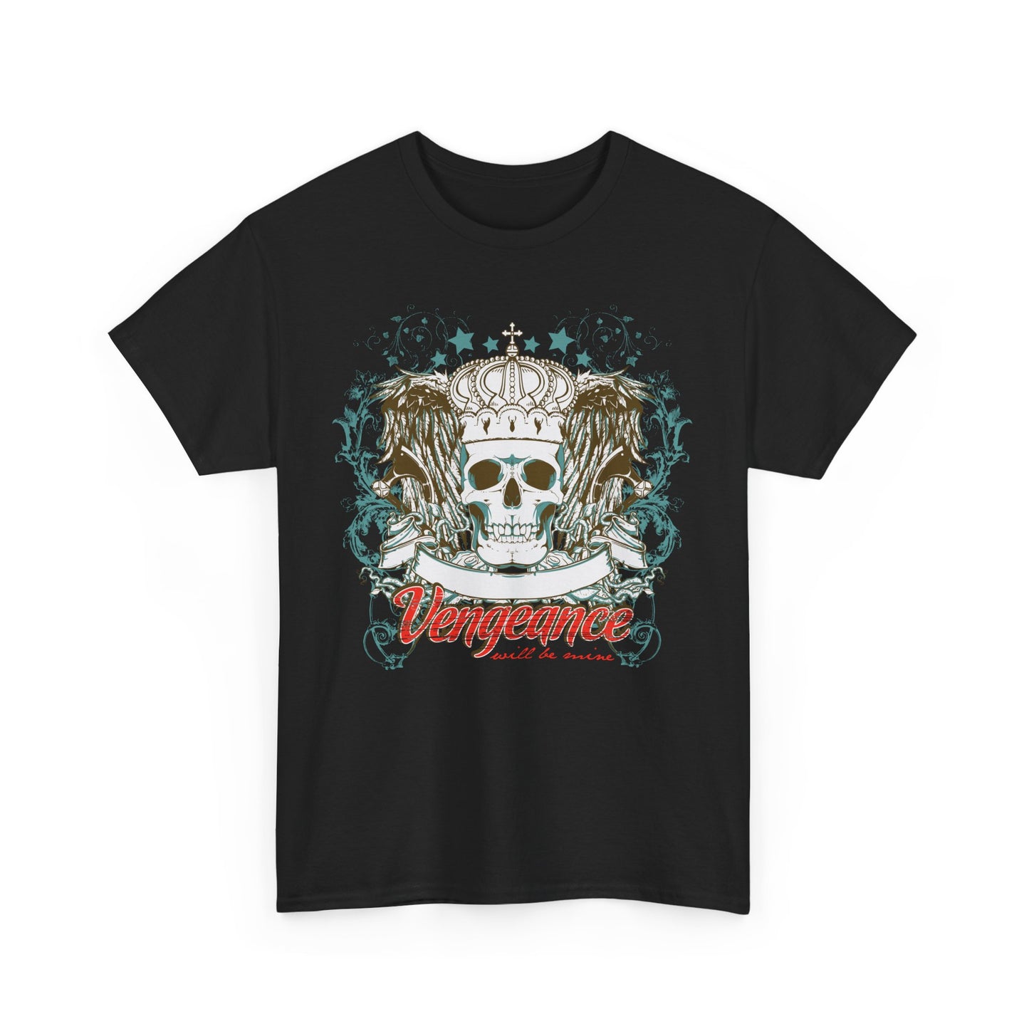 Front view of an exquisite black graphic T-shirt adorned with a striking skull crown design, embodying gothic elegance and modern artistry.